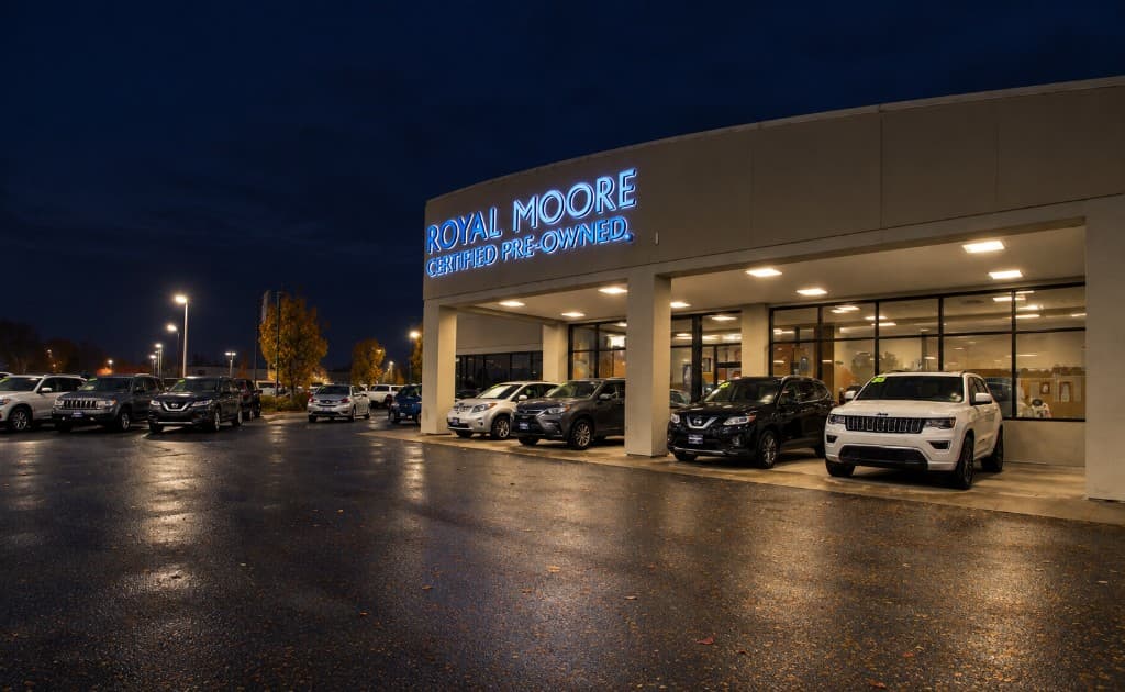 The Royal Moore store at dusk, with cars parked out front