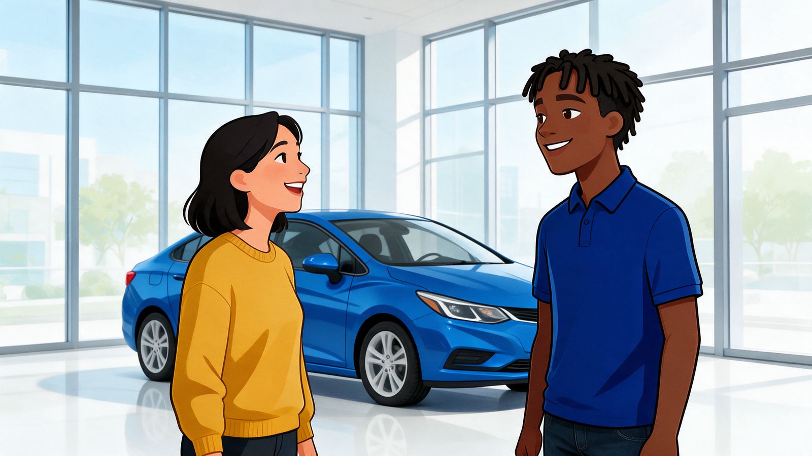 Cartoon of Artie in a blue polo talking with a shopper in a yellow sweater beside a blue sedan in a bright showroom